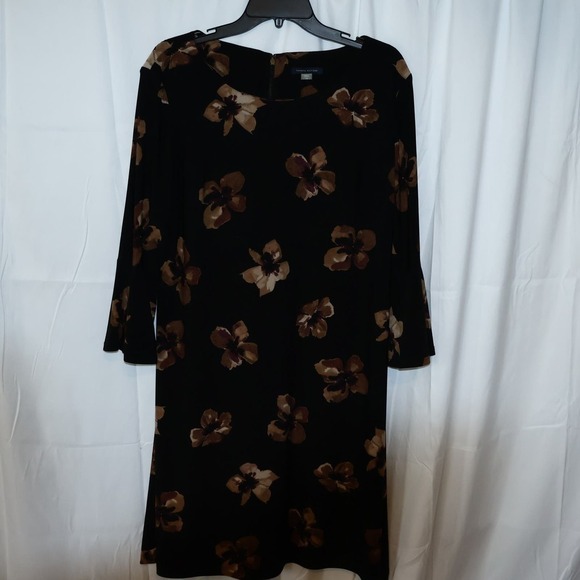 VTG Tommy Hilfiger Midi Dress Sz 16 3/4 Bell Sleeves Brown Floral Hidden Zipper - Picture 5 of 13